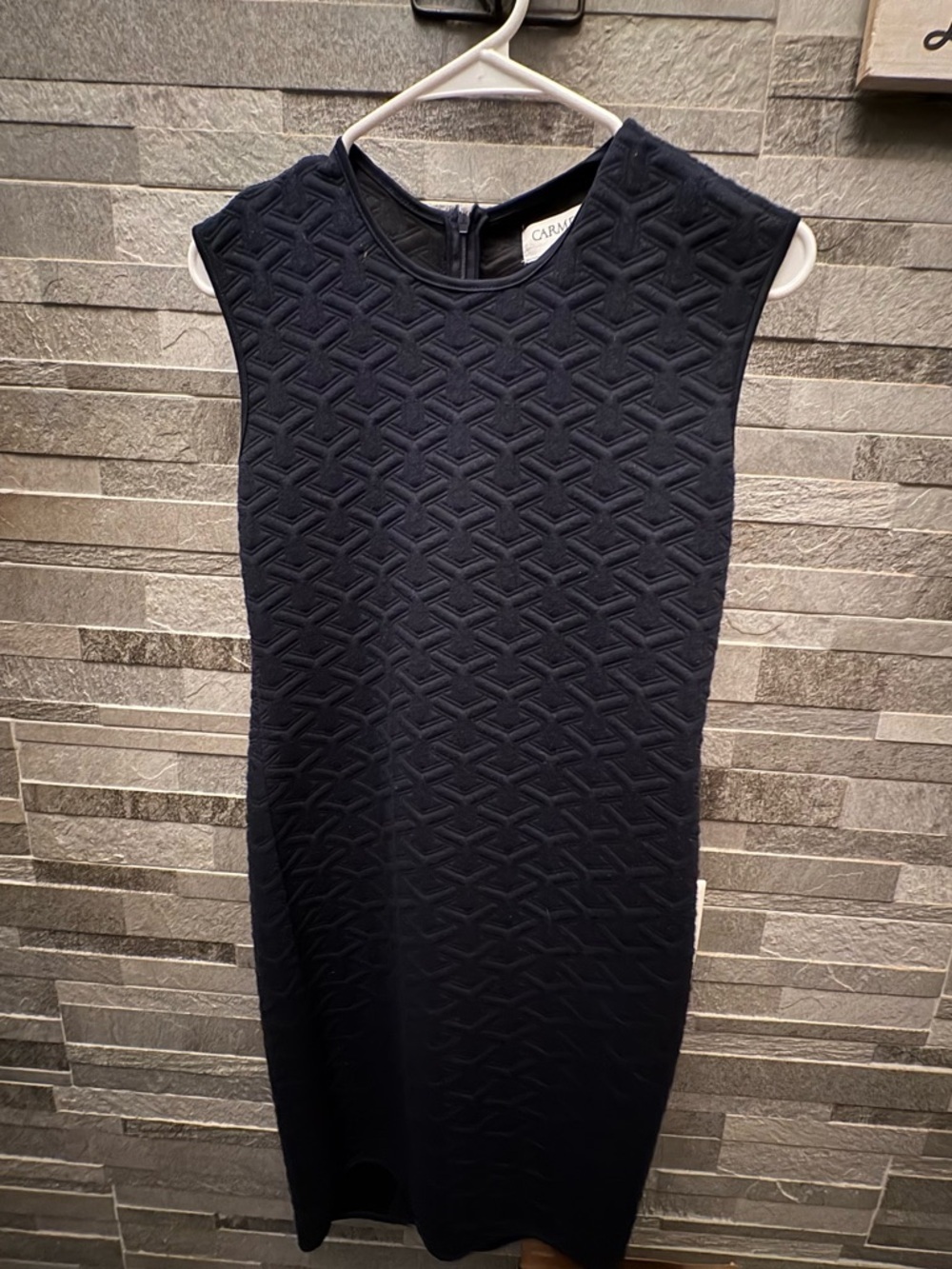 Carmen Marc Valvo Navy Textured Sleeveless Midi Dress